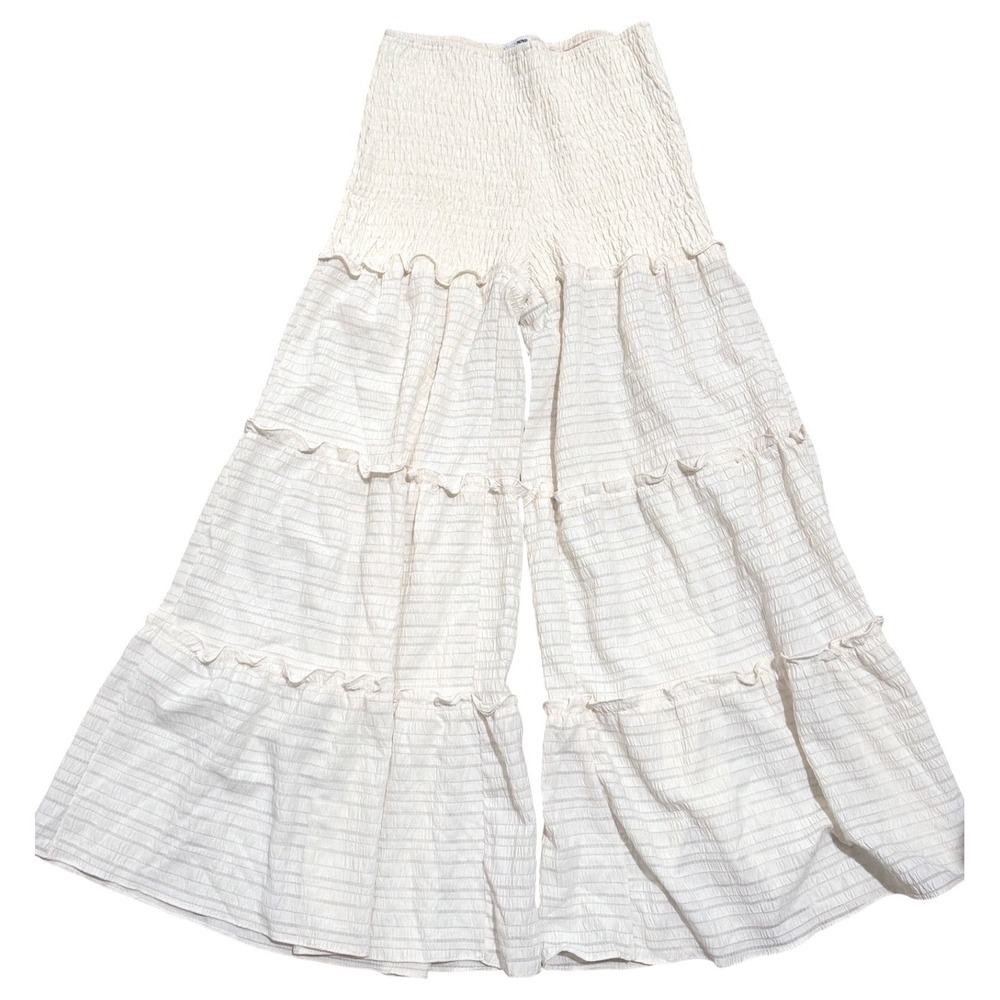 Fashion Nova Womens Plus 1X Cream Smocked Tiered Wide Leg Pants Boho Ruffle